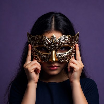 Asian girl holding gold masquerade mask