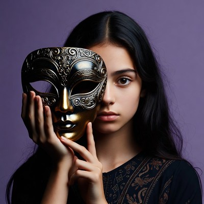 Young woman holding ornate gold mask