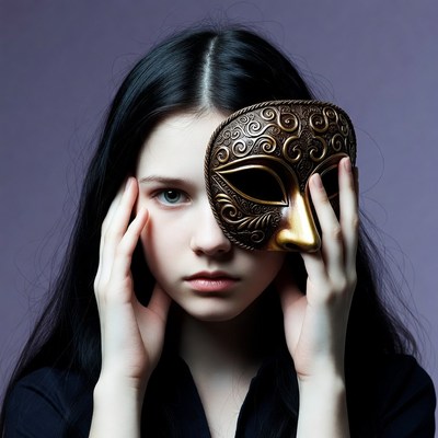 Girl holding ornate mask