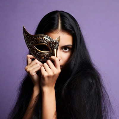Woman peeking behind ornate mask