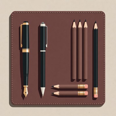 Pens and Pencils on Leather Mat