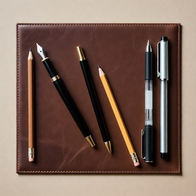 Assorted Pens and Pencils on Leather Mat
