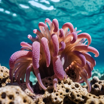 Pink sea anemone on coral