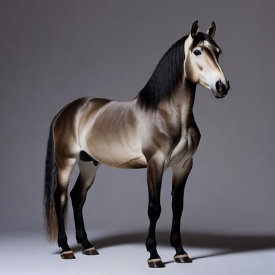 Buckskin horse standing on gray background