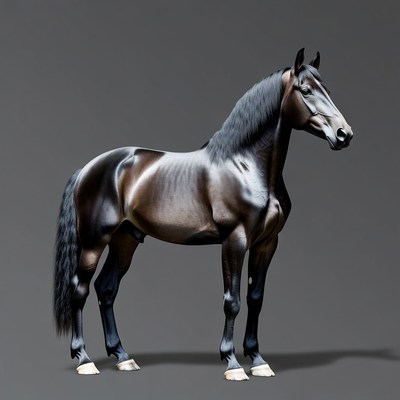 Black horse standing on gray background