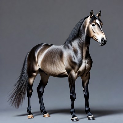 Shiny black horse standing on gray background