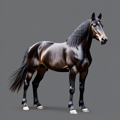 Black horse standing on gray background