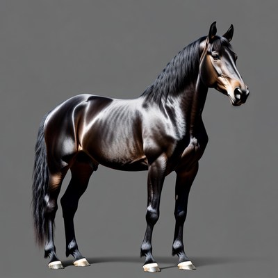 Black horse standing on gray background