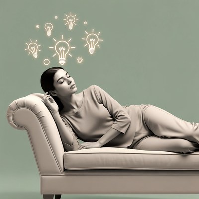 Woman with idea lightbulbs on couch
