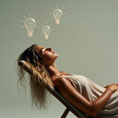Woman reclining on chair with lightbulb ideas