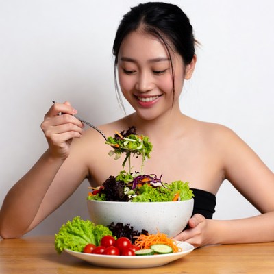 Asian woman eating fresh salad