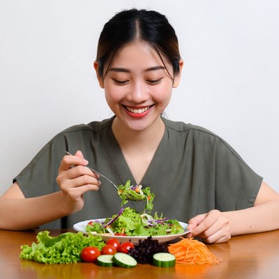 Asian woman eating salad