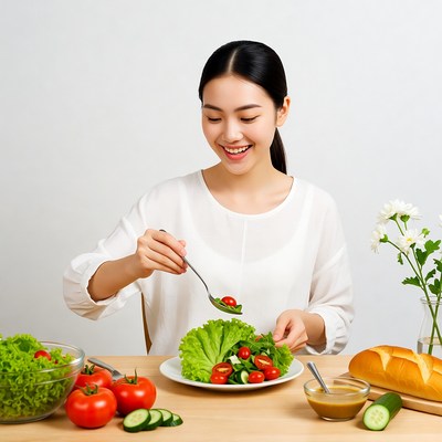 Asian woman eating salad