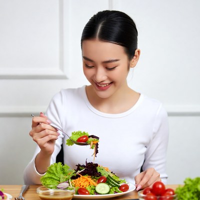 Asian woman eating fresh salad