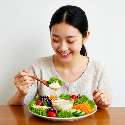 Asian woman eating salad