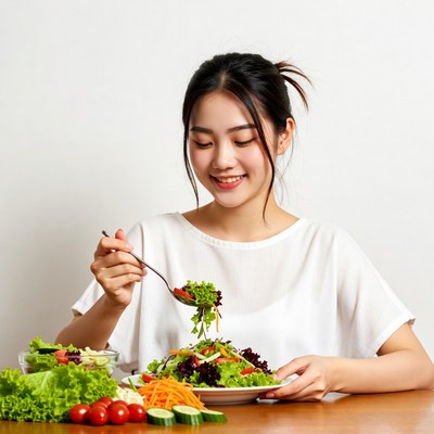 Asian woman eating fresh salad