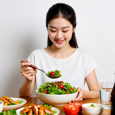 Asian woman eating salad