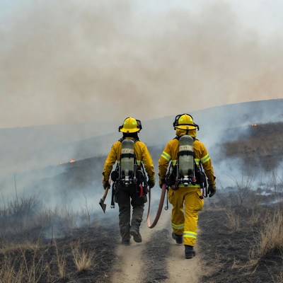 Two firefighters walking in wildfire
