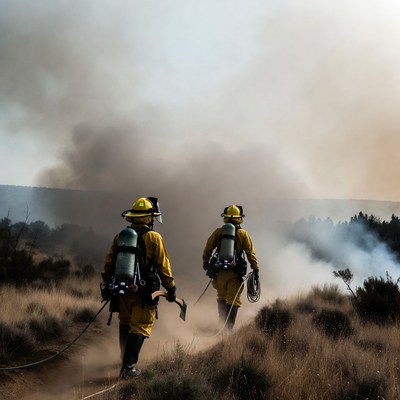 Two firefighters walking through wildfire smoke