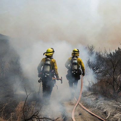 Two firefighters walking through wildfire smoke
