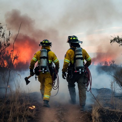 Two Firefighters Walking Towards Wildfire
