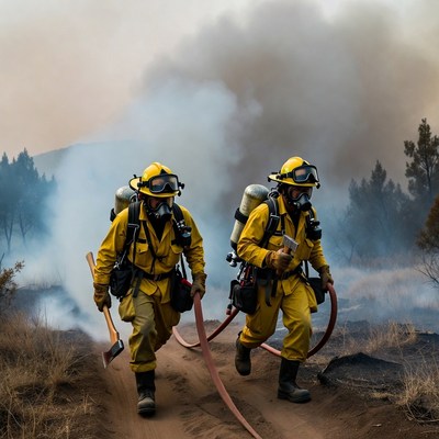 Two firefighters battling wildfire