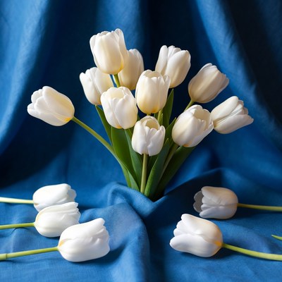 White tulips on blue fabric