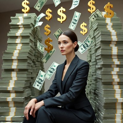 Woman sitting with money stacks
