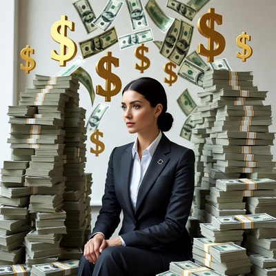 Woman sitting with money stacks