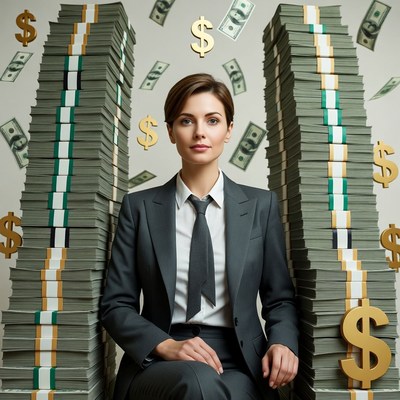 Woman in suit surrounded by money stacks