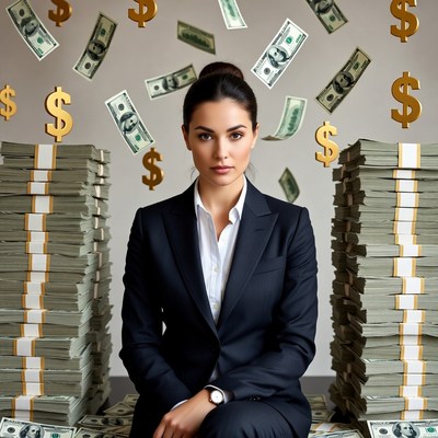Woman in suit surrounded by money stacks