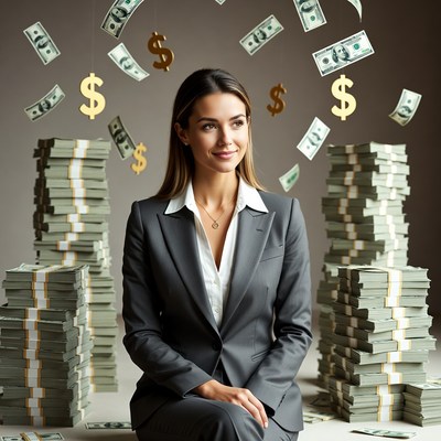 Woman surrounded by money stacks