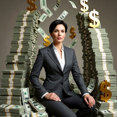 Businesswoman sitting on money stacks