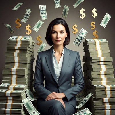 Businesswoman sitting with money stacks