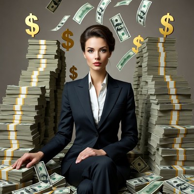 Woman sitting on money stacks