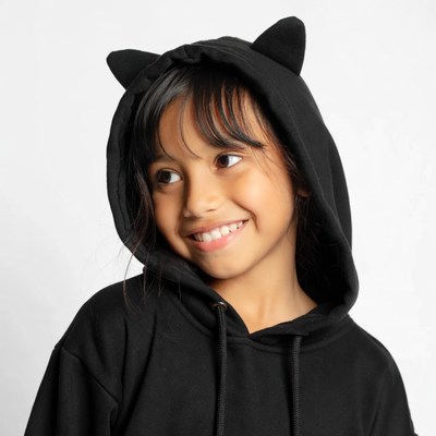 Asian girl in black cat ear hoodie
