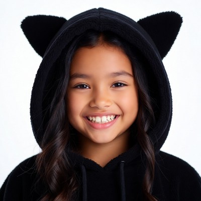 Asian girl smiling in cat ear hoodie