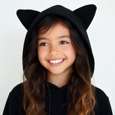 Asian girl smiling in black cat ear hoodie