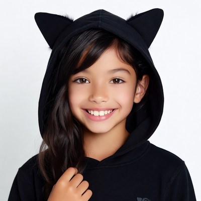 Asian girl in black cat ear hoodie