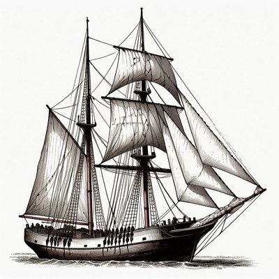Sailing Ship with Crew Illustration