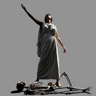 Woman standing triumphantly over skeleton