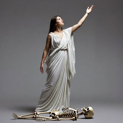 Woman in white gown reaching over skeleton