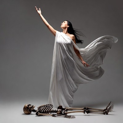 Woman raising arms over skeleton