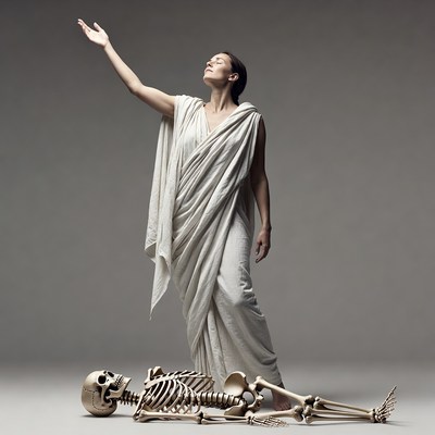 Woman in white toga with skeleton