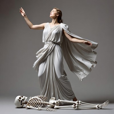 Woman standing triumphantly over skeleton