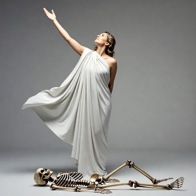 Woman in white gown over skeleton