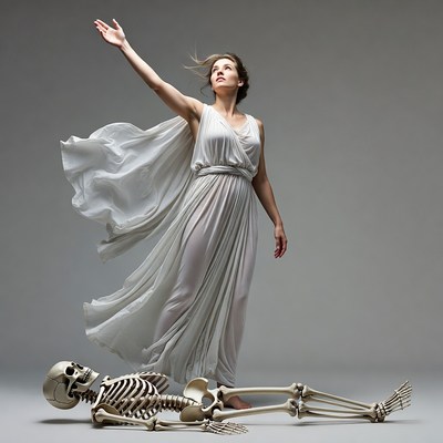 Woman in flowing gown over skeleton