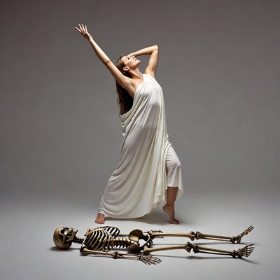 Woman dancing over skeleton