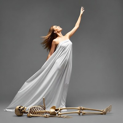 Woman in white gown with skeleton