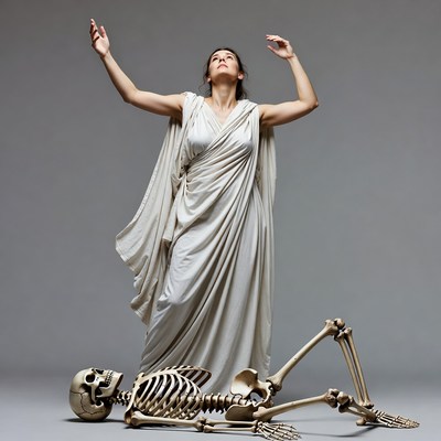 Woman in white toga over skeleton